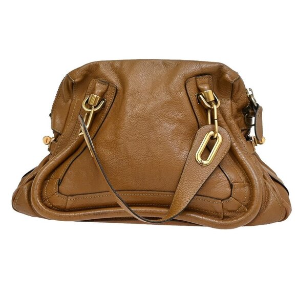 CHLOE Logo Paraty Hand Bag Leather Brown Gold Italy - Picture 1 of 16